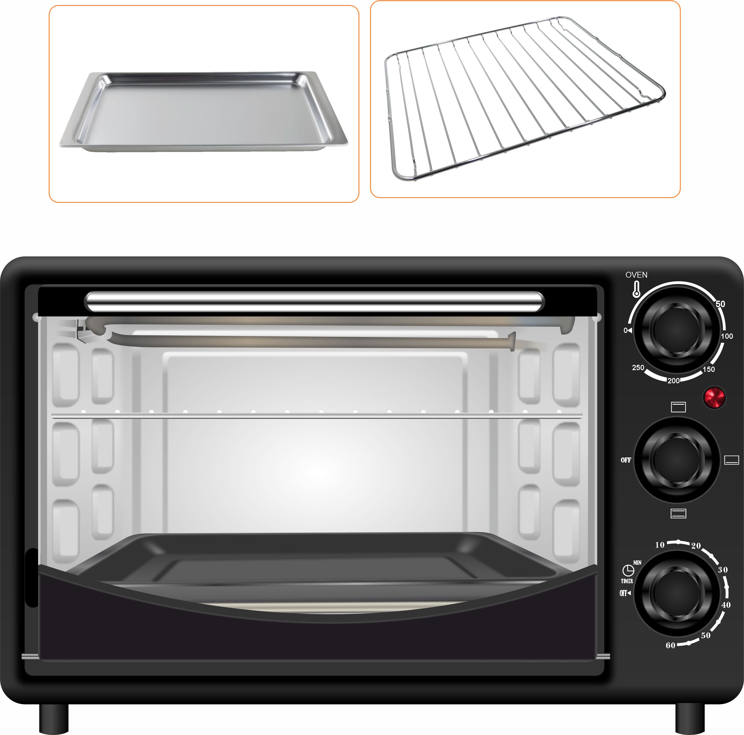 Korbax KB025 Oven-Toaster-Grill – 1400W, 6 Temperature Stages, 60 Min Timer, Glass Door - Image 2